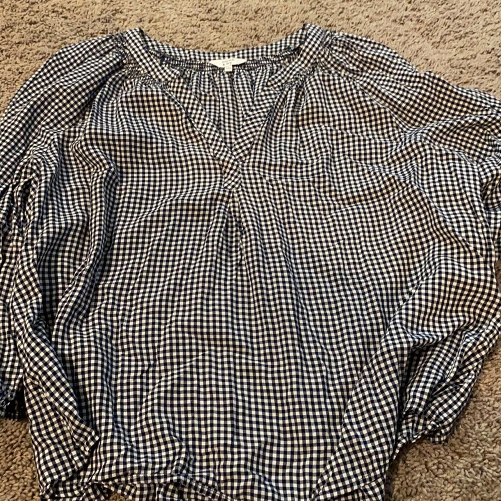 Navy and white checkered blouse